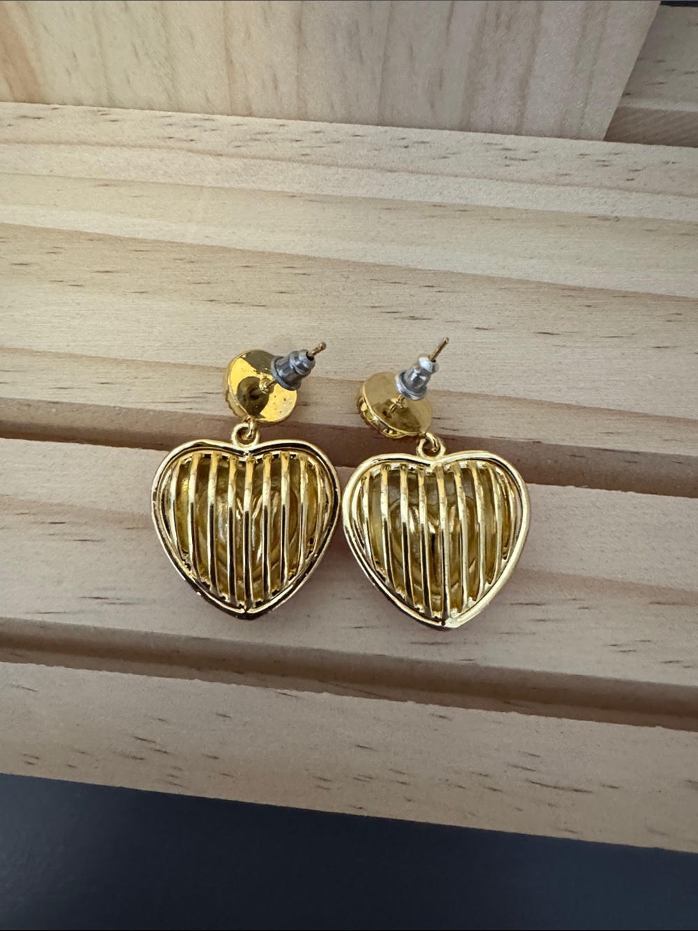 Gold-Tone Pink Heart Drop Earrings with Pearl Accent - Picture 2 of 4